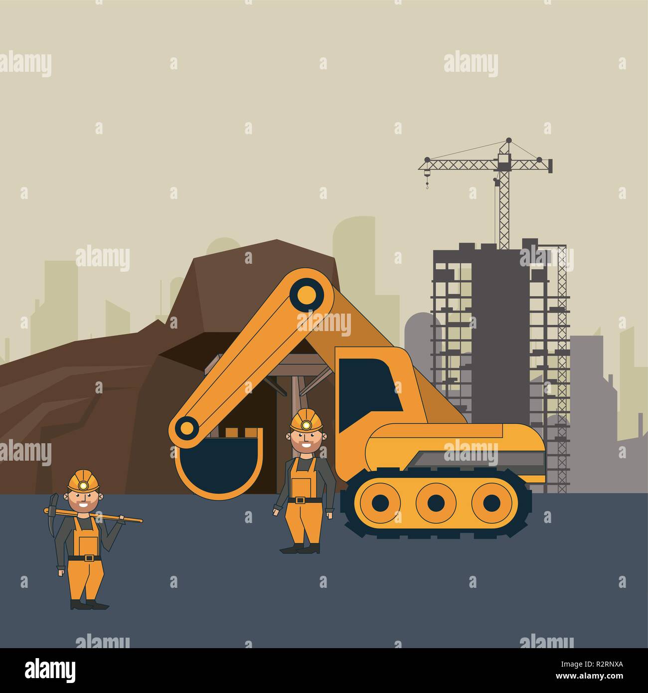 Ming cave with workers and backhoe over construction zone vector illustration graphic design Stock Vector