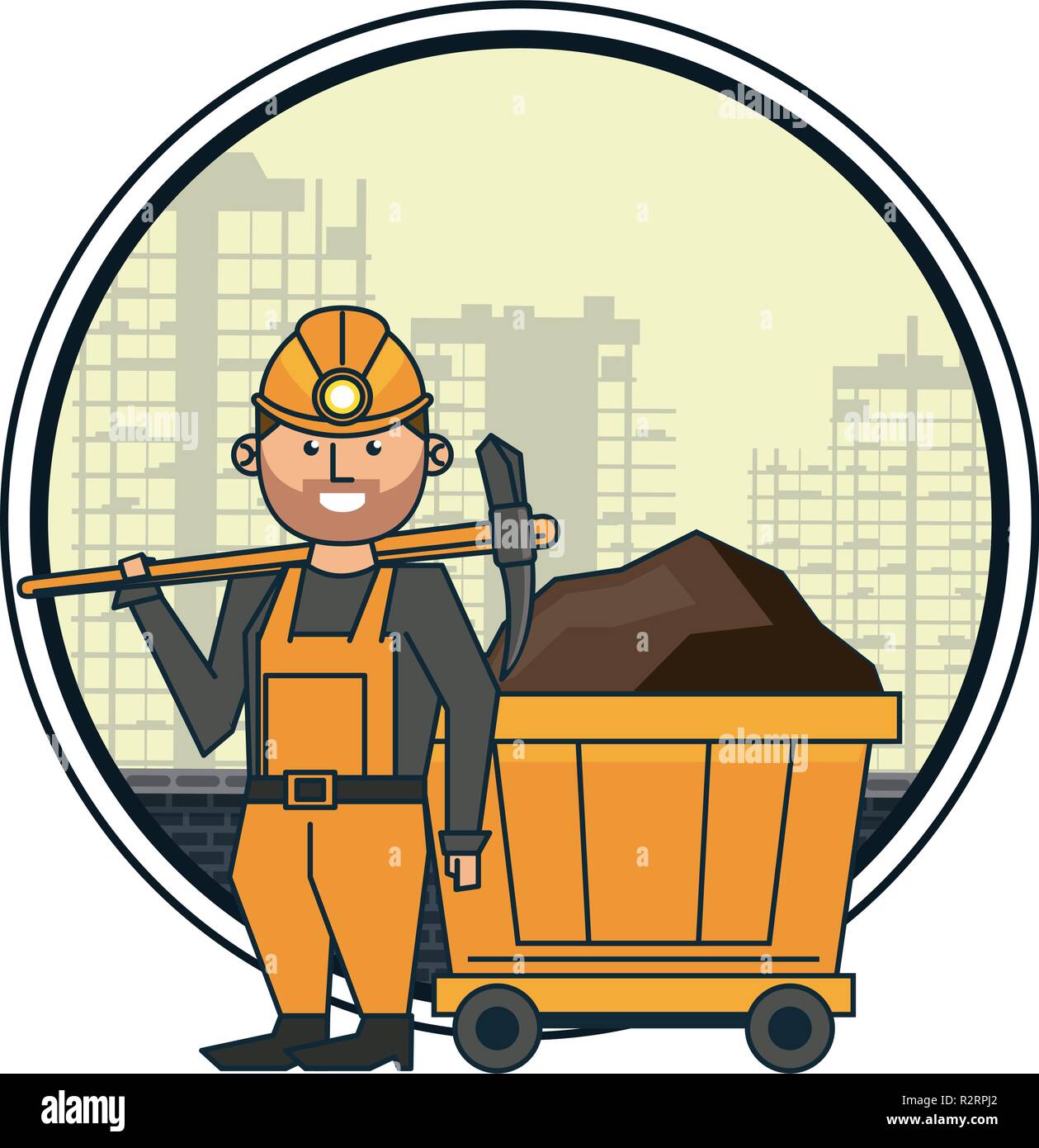 Ming worker with pick and wagon over cityscape round icon vector illustration graphic design Stock Vector