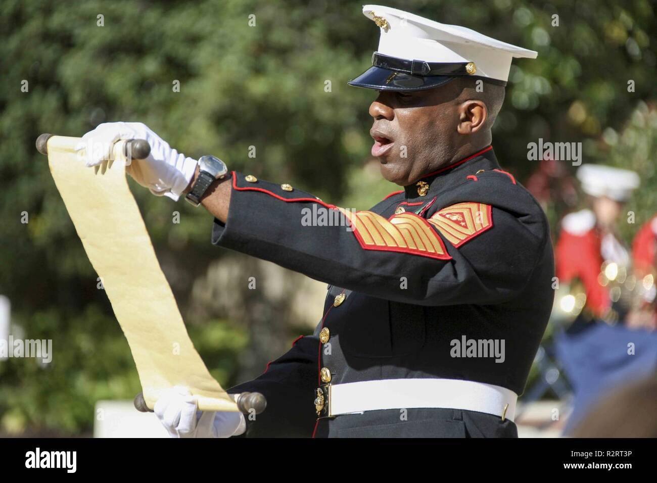 U.S. Marine Corps Sgt. Maj. Ronald L. Green, sergeant major of the Marine Corps reads Gen. John