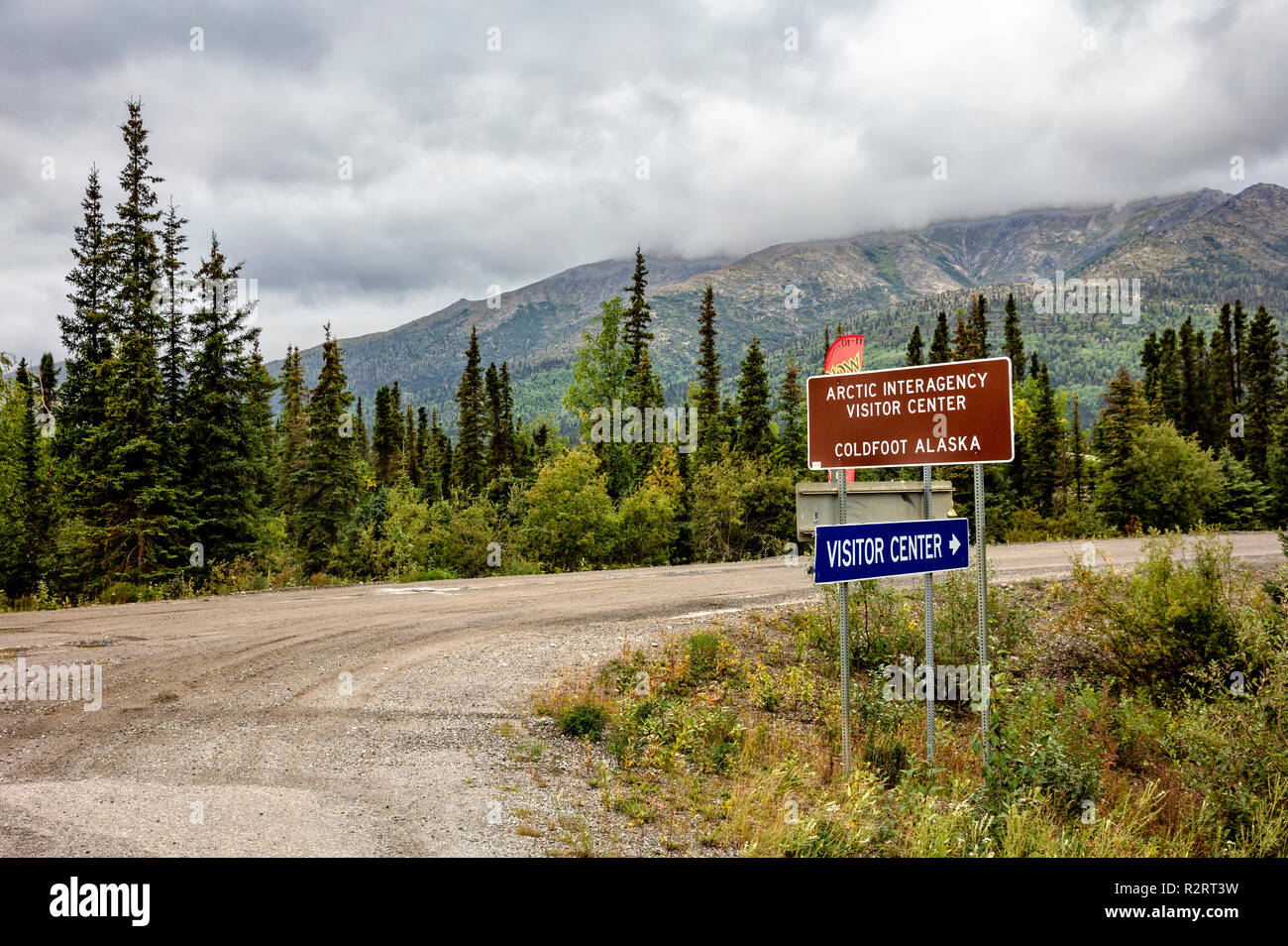 A view of the Arctic Interagency Visitor Center sign in Coldfoot on