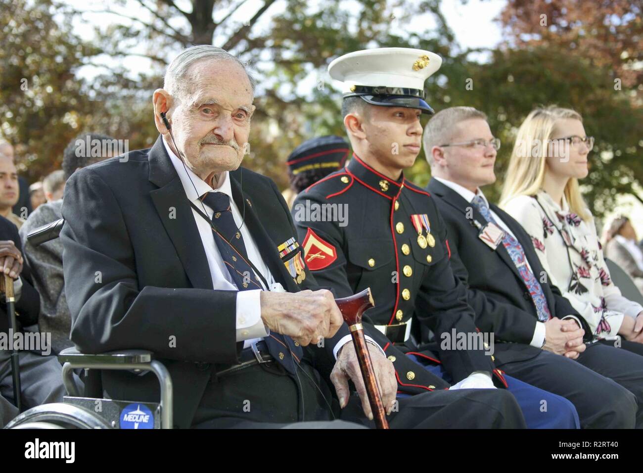 From left, oldest Marine Mr. Albert DeLucien and youngest Marine, Lance Cpl. Marvin Chavez, pose for a photo during a Marine Corps birthday ceremony at the Pentagon, Arlington, Va., Nov. 7, 2018. The ceremony was in honor of the Corps’ 243rd birthday. Stock Photo