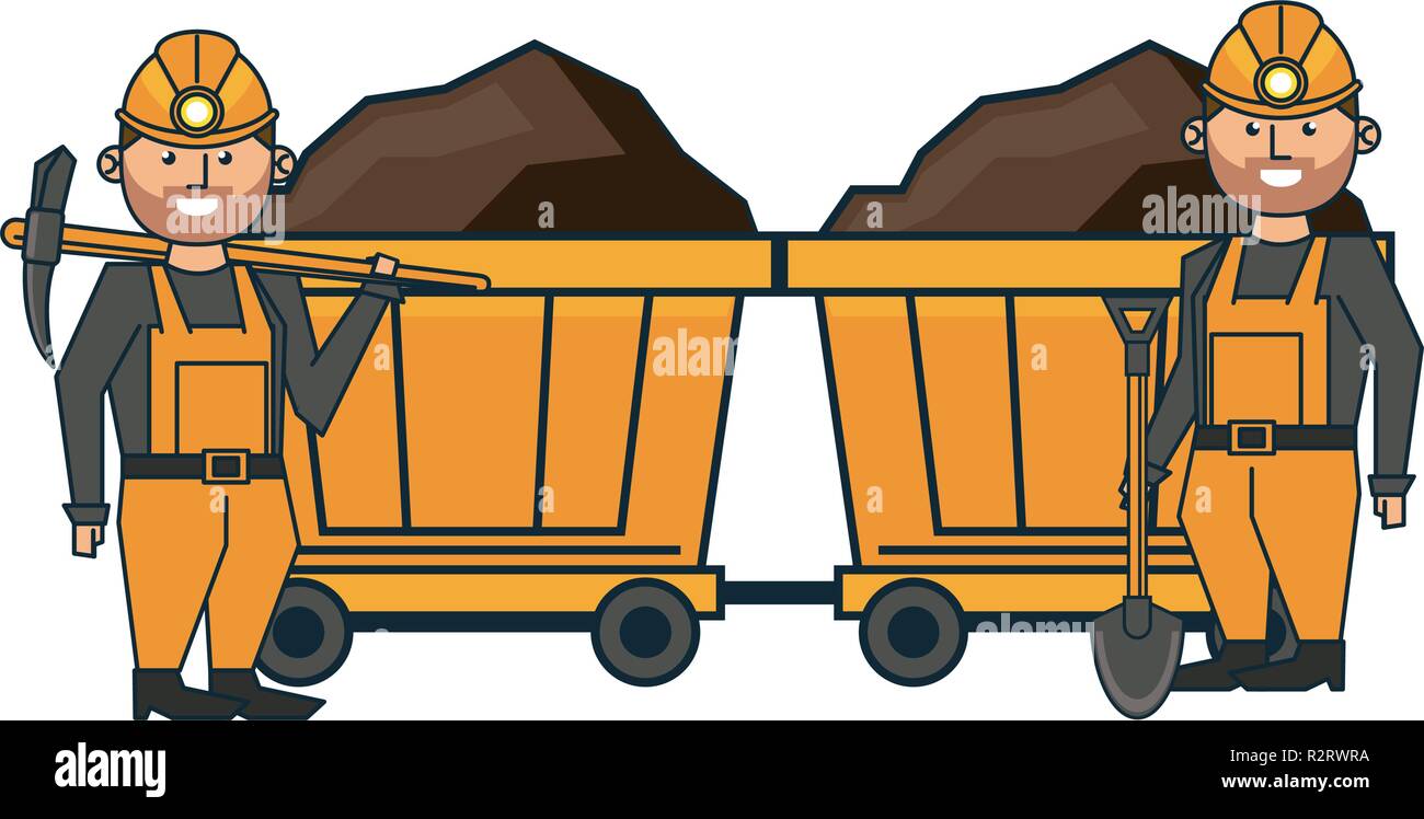 Mining workers with wagon carts and tools vector illustration graphic design Stock Vector