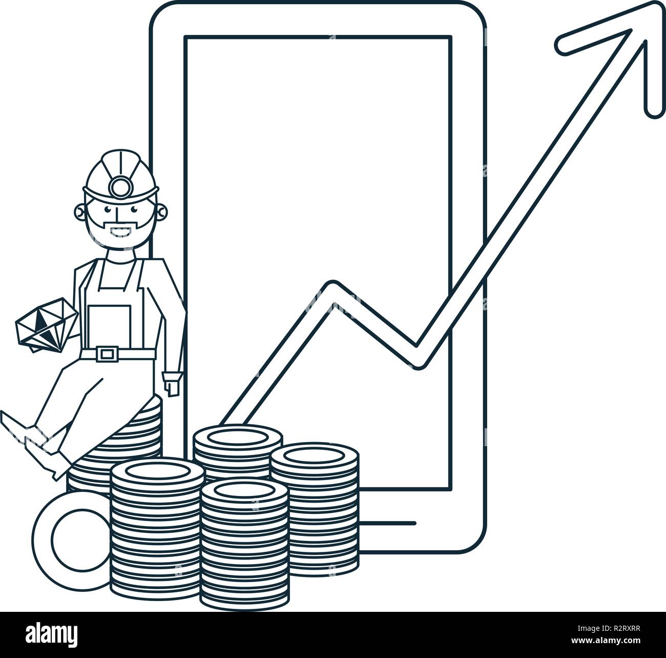 Bitc!   oin Mining And Investment Worker And Smartphone Vector - 
