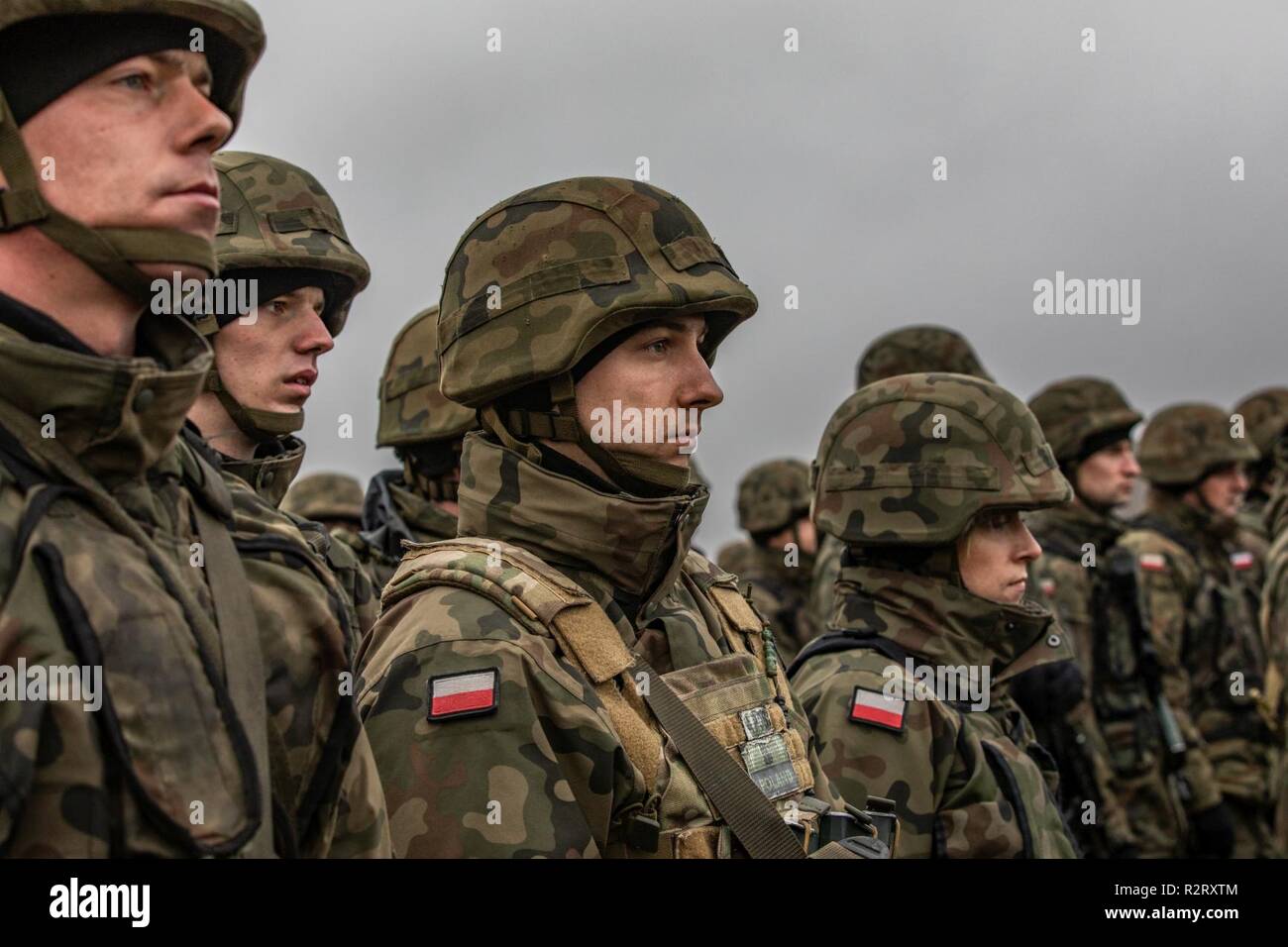 A Polish Soldier assigned to Battle Group Poland stands at the position of  attention during the