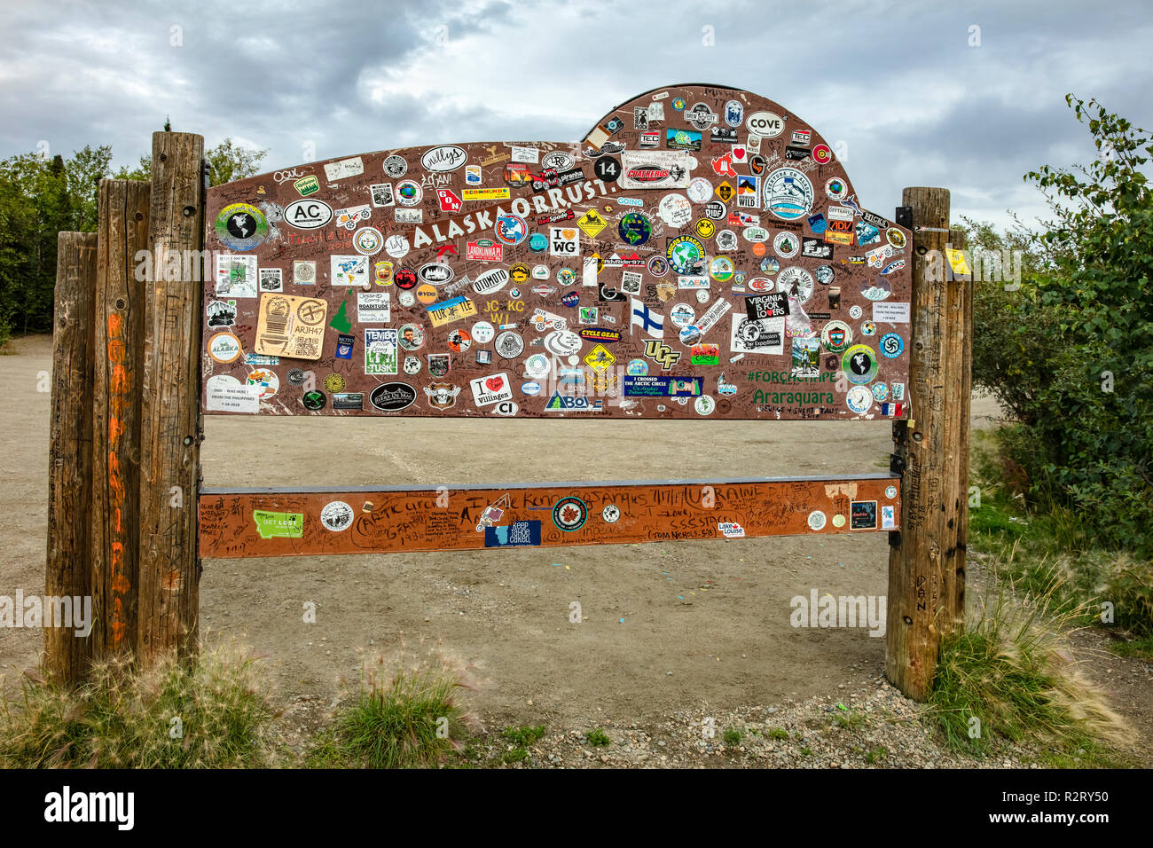 A view of the back of the BLM Arctic Circle Monument Sign on Dalton Highway in Alaska, USA Stock Photo