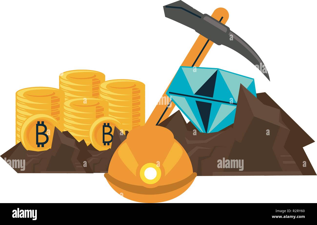 Bitcoin Mining And Investment Mine With Diamonds And Pick Vector - 