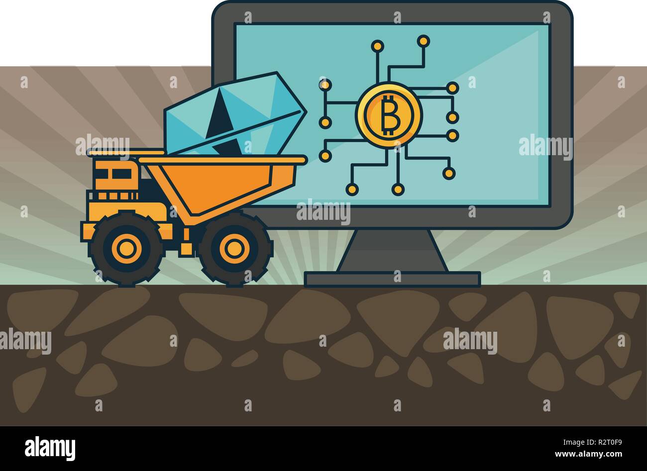 Bitcoin Mining And Investment Computer With Mine Truck And Diamond - 