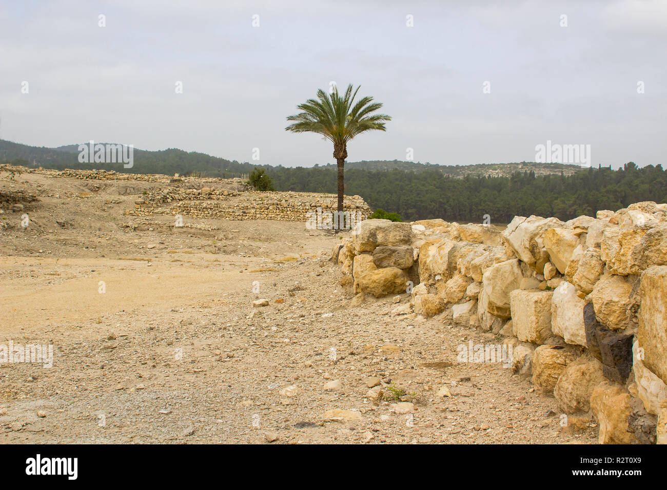 Excavated ruins and restored stone walls in the ancient city of Meggido in Northern Israel. This place is otherwise known as Armegeddon the future sce Stock Photo