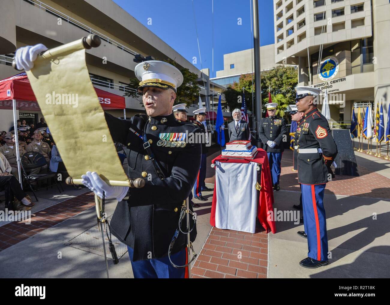 SAN DIEIGO (Nov. 09,2018) — Major Christopher Whelan, executive officer of the Wounded Warrior Battalion at Naval Medical Center San Diego (NMCSD) reads the traditional General John Lejeune’s Marine Corps birthday message, at a celebration of the 243rd Marine Corps Birthday.  NMCSD is the largest naval hospital on the west coast, employing more than 6,000 Sailors, Marines, civilians and contractors. Stock Photo