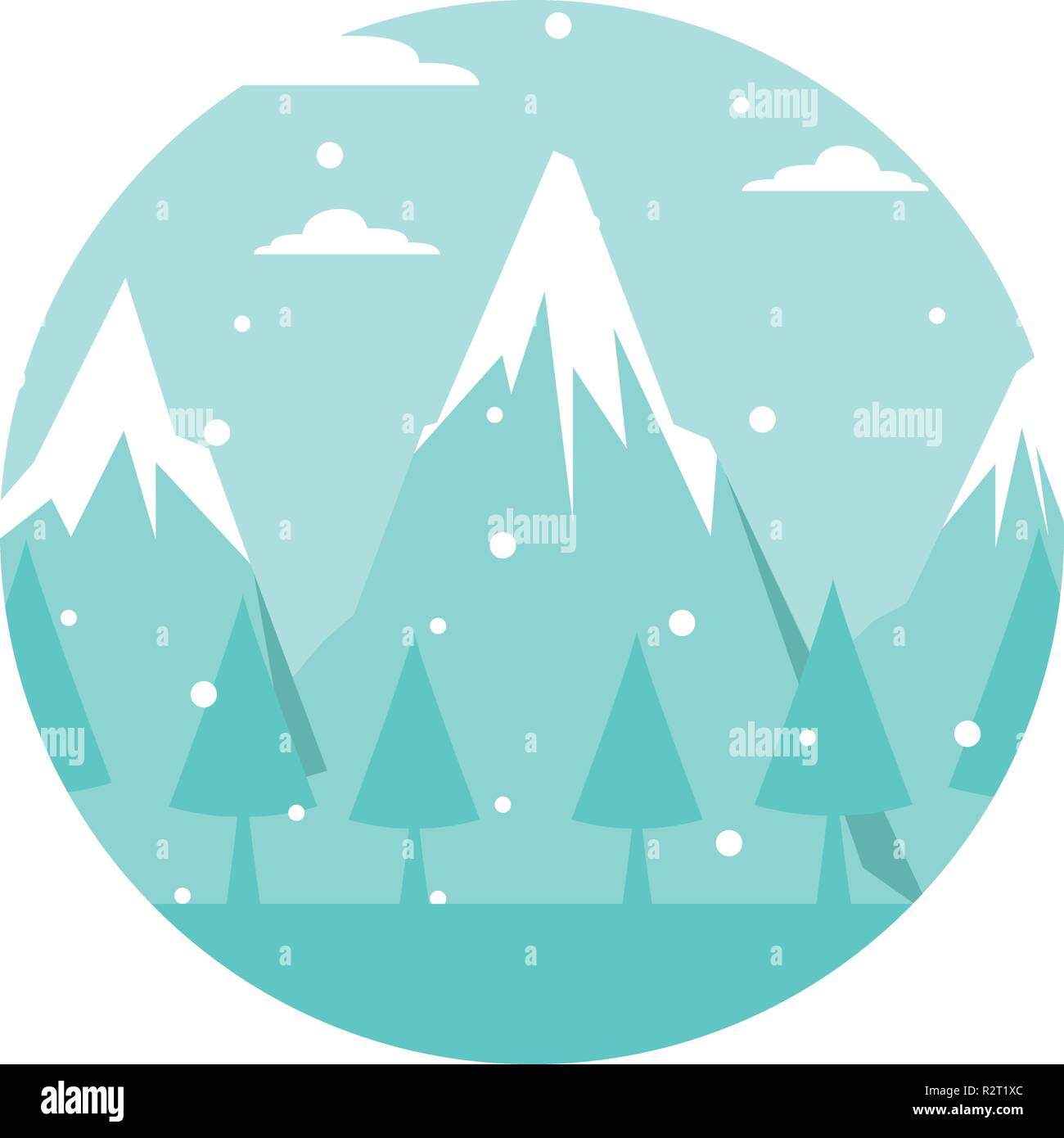 Winter landscape scenery with mountains and pines round icon vector ...