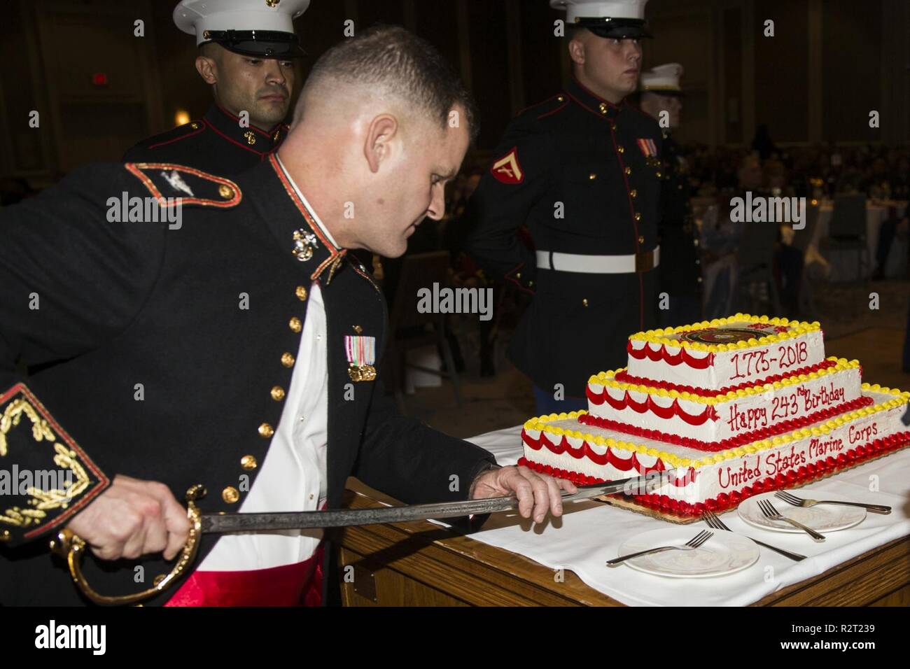 Col. Sean C. Killeen, commanding officer of Headquarters Service Battalion slices first piece of the birthday cake in the cake cutting ceremony during the units Marine Cops Birthday Ball celebration on Hilton Head Island, Nov. 9. Headquarters and Service Battalion is the parent command for personnel who provide continuous support to the depot and its subordinate commands in order to accomplish the depot’s mission of “Making Marines.” Stock Photo