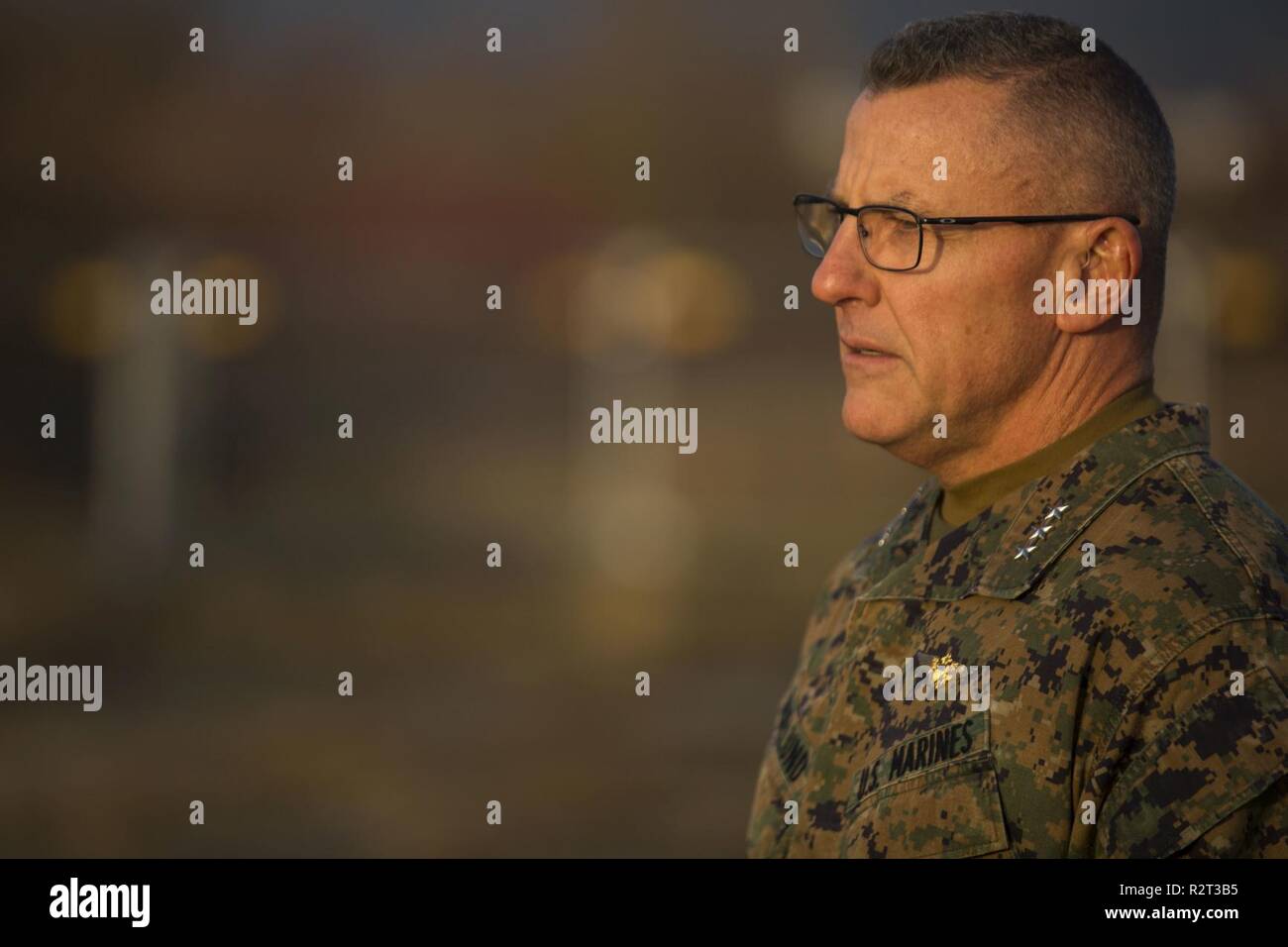 U.S. Marine Corps Lt. Gen. Robert F. Hedelund, the commanding general of II Marine Expeditionary Force, answers questions during an interview relating to a 'What Matters to Us' campaign during Exercise Trident Juncture 18 at Vaernes Air Station, Norway, Nov. 7, 2018.  Trident Juncture 18 enhances the U.S. and NATO Allies’ and partners’ abilities to work together collectively to conduct military operations under challenging conditions. Stock Photo