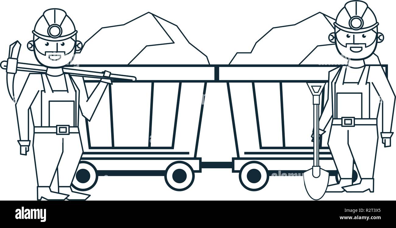 Mining workers with wagon carts and tools vector illustration graphic design Stock Vector