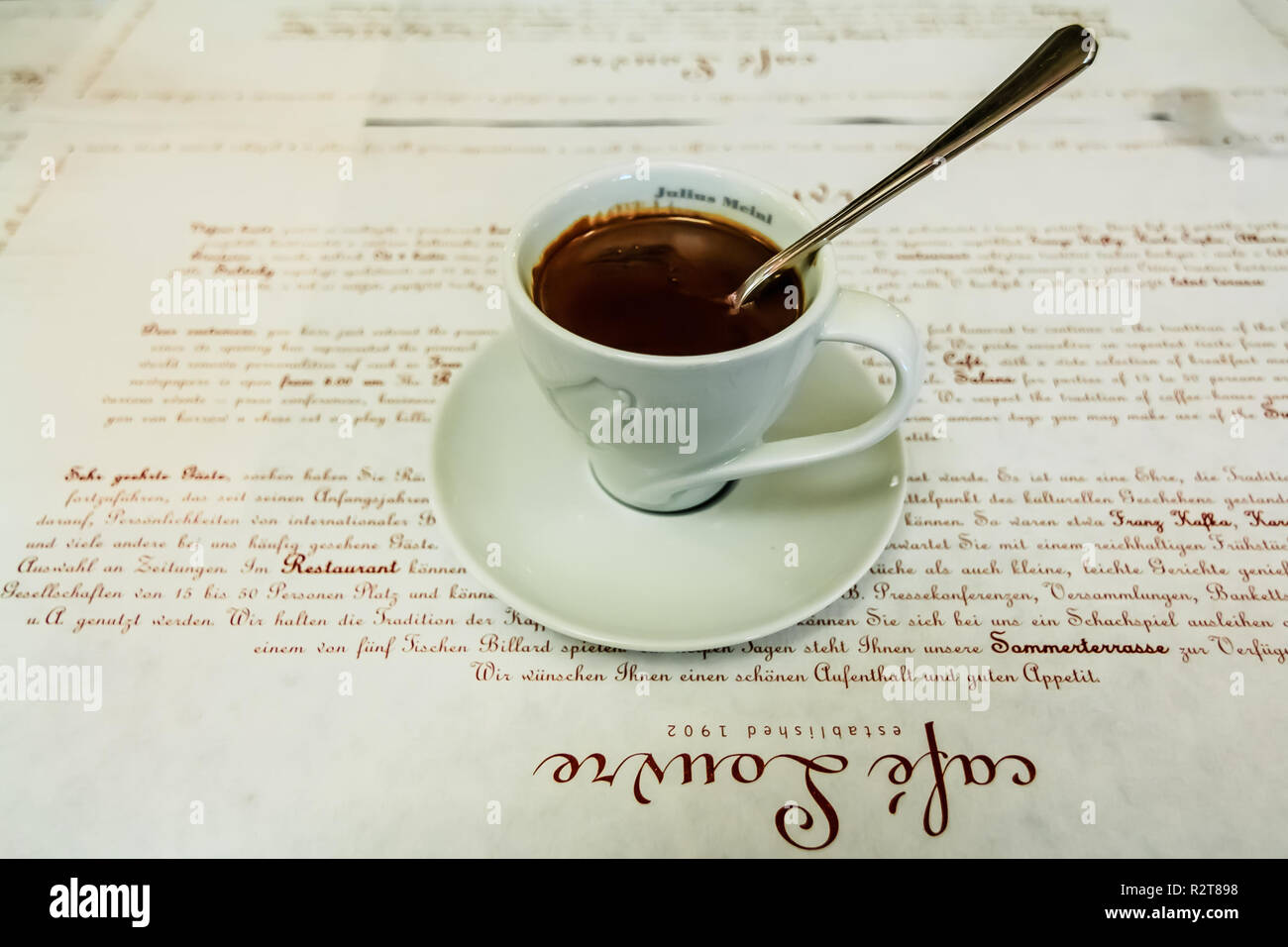 Prague, Czech republic - January 15, 2015: Cup of thick Italian or European style hot chocolate at the famous Café Louvre Stock Photo