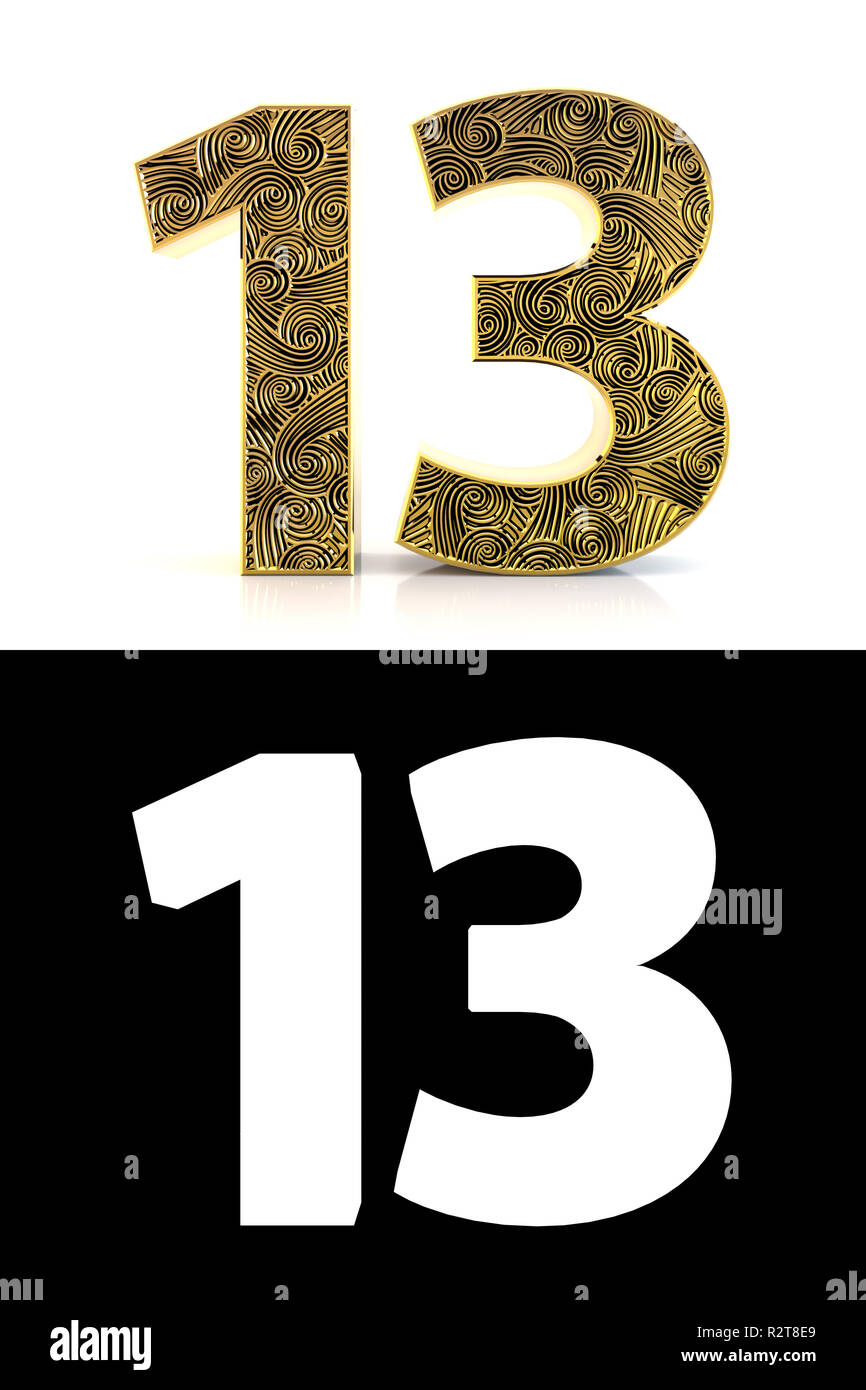 Golden number thirteen (13 years) on white background with pattern
