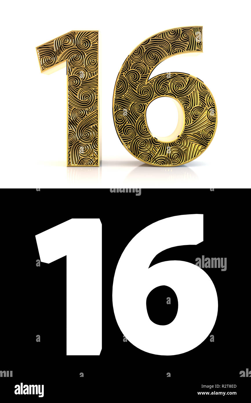 Golden number sixteen (16 years) on white background with pattern style Golden number sixteen (16 years) on white background with pattern style