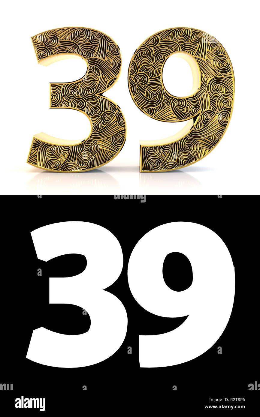 Golden number thirty-nine (39 years) on white background with pattern style Zentangle, drop shadow and alpha channel. 3D illustration. Stock Photo