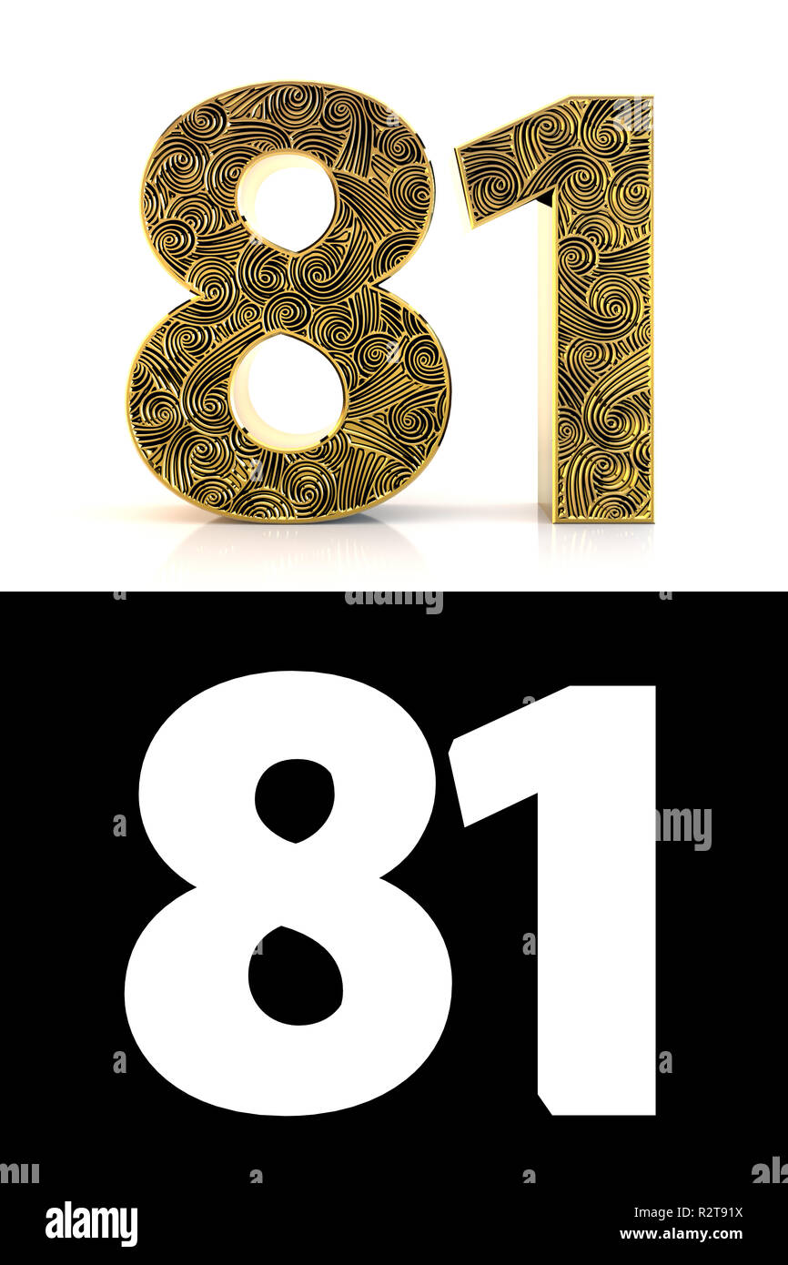 Golden number eighty-one (81 years) on white background with pattern style Zentangle, drop shadow and alpha channel. 3D illustration. Stock Photo