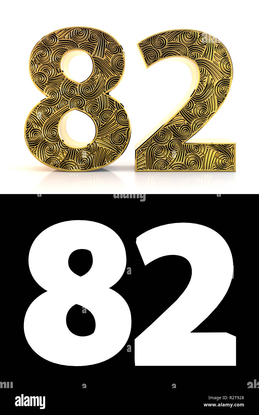 Golden number eighty-two (82 years) on white background with pattern style Zentangle, drop shadow and alpha channel. 3D illustration. Stock Photo