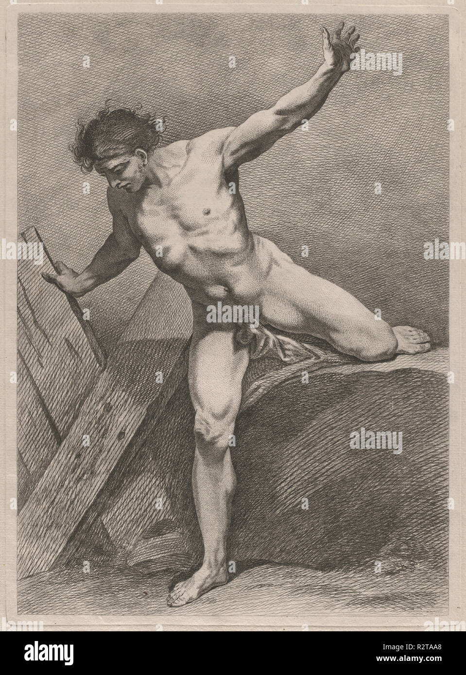 Climbing Man with Arms Outstretched. Dated: c. 1743. Dimensions: sheet: 50 × 34 cm (19 11/16 × 13 3/8 in.) [irregular]  plate: 39 × 28.5 cm (15 3/8 × 11 1/4 in.). Medium: etching on laid paper. Museum: National Gallery of Art, Washington DC. Author: Carle Van Loo. Carle (Charles André) Vanloo. Stock Photo