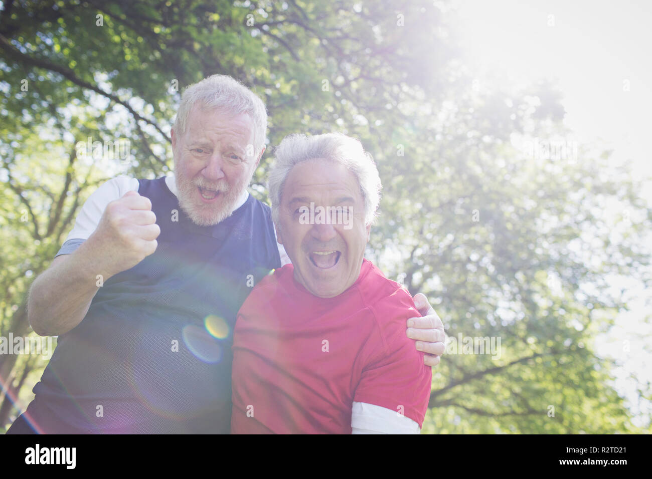 Portrait exuberant active senior men cheering in sunny park Stock Photo