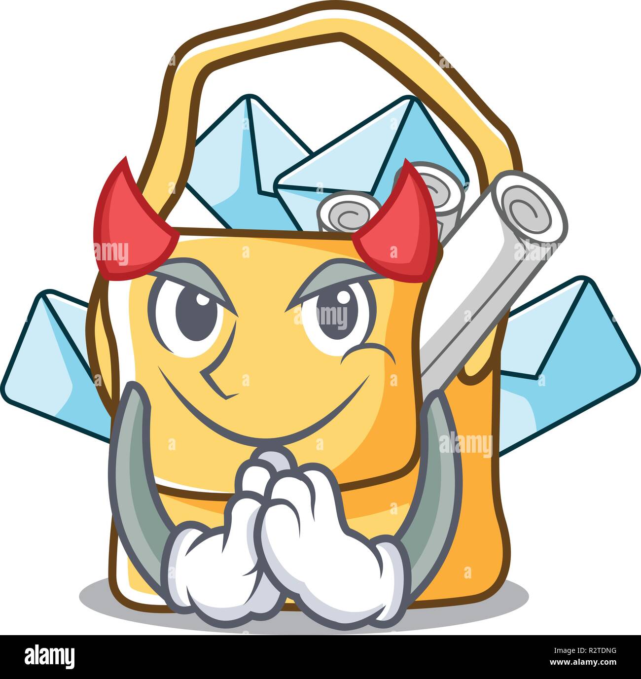 Devil Singing mail bag character on table front Stock Vector Image