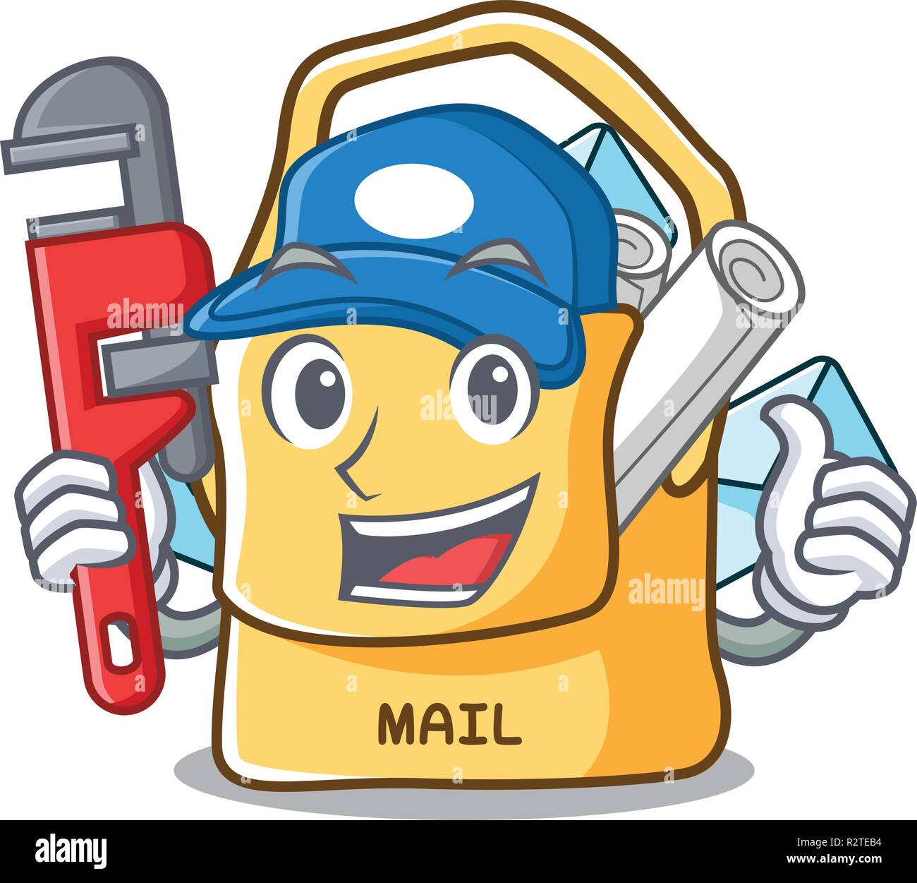 Plumber mail bag character on table front Stock Vector