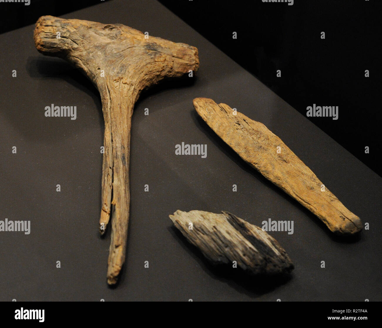 Neolithic. Mallet (left) and tools (right). Wood. Found in Los Murcielagos Cave (Albuñol, province of Granada, Andalusia). National Archaeological Museum. Madrid. Spain. Stock Photo