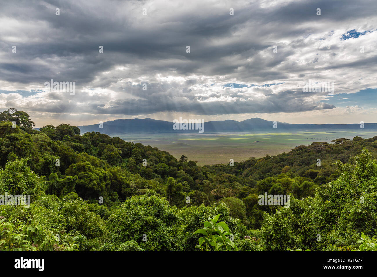 Sun rays break through the clouds over the Ngorongoro Crater, Tanzania Stock Photo