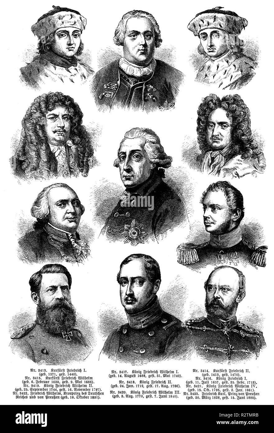 Left top to bottom: Elector Frederick I (born 1371 , died 1440) , Elector Friedrich Wilhelm (born February 6, 1620 , died May 9, 1688 ), King Friedrich Wilhelm II (born September 25, 1744 , died November 16, 1797 ), Friedrich Wilhelm , Crown Prince of the German Empire and of Prussia (born October 18, 1831 ) . Middle top to bottom: King Frederick William I (b. August 14, 1688 , died May 31, 1740 ), King Frederick II (born January 24, 1712 , died August 17, 1786 ), King Friedrich Wilhelm III . (born August 3, 1770 , died June 7, 1840 ) . Right top to bottom: Elector Frederick II (born 1413 , di Stock Photo