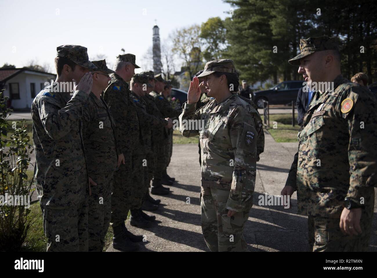 U.S. Army Brig. Gen. Marti Bissell, NATO Headquartes Sarajevo commander, greets Armed Forces of Bosnia and Herzegovina soldiers from the 3rd Infantry Battalion during a tour of 'Vojvoda Stepa Stepanovic' barracks in Bijeljina, BiH, Oct. 31, 2018. NHQSa staff visited military installations in the area to familiarize themselves with 5th Infantry Brigade's mission and capabilities. Stock Photo