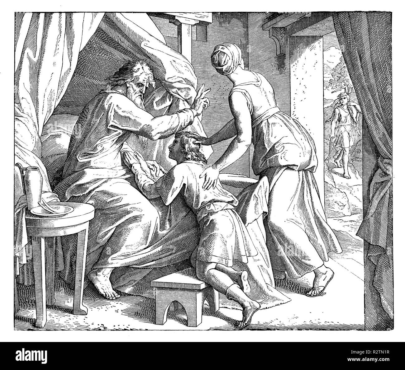 Isaac blesses Jacob before Esau, Julius Schnorr von Carolsfeld Stock Photo