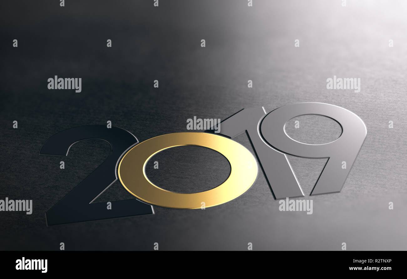 Year 2019 written with black and golden numbers over dark background. New year graphic design. 3D illustration Stock Photo