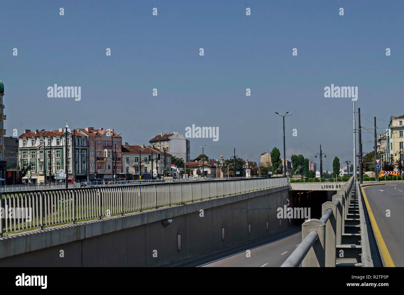 Cityscape of bulgarian capital city Sofia near by Lions bridge, Sofia, Bulgaria, Europe Stock Photo
