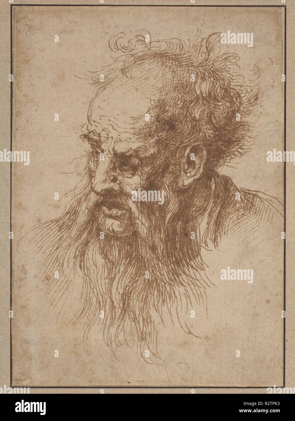 An Elderly Man with a Flowing Beard. Dimensions: sheet: 15.5 x 11.2 cm (6 1/8 x 4 7/16 in.)  mount: 18.1 x 13.7 cm (7 1/8 x 5 3/8 in.). Medium: pen and brown ink on laid paper. Museum: National Gallery of Art, Washington DC. Author: Spanish 17th Century. Stock Photo