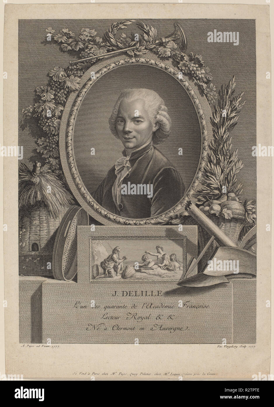 Jacques Delille. Dated: 1777. Dimensions: sheet (trimmed within plate mark): 31.7 x 22.6 cm (12 1/2 x 8 7/8 in.). Medium: engraving with etching on laid paper. Museum: National Gallery of Art, Washington DC. Author: Vincenzo Vangelisti after André Pujos. MOSNIER, JEAN LAURENT. Stock Photo