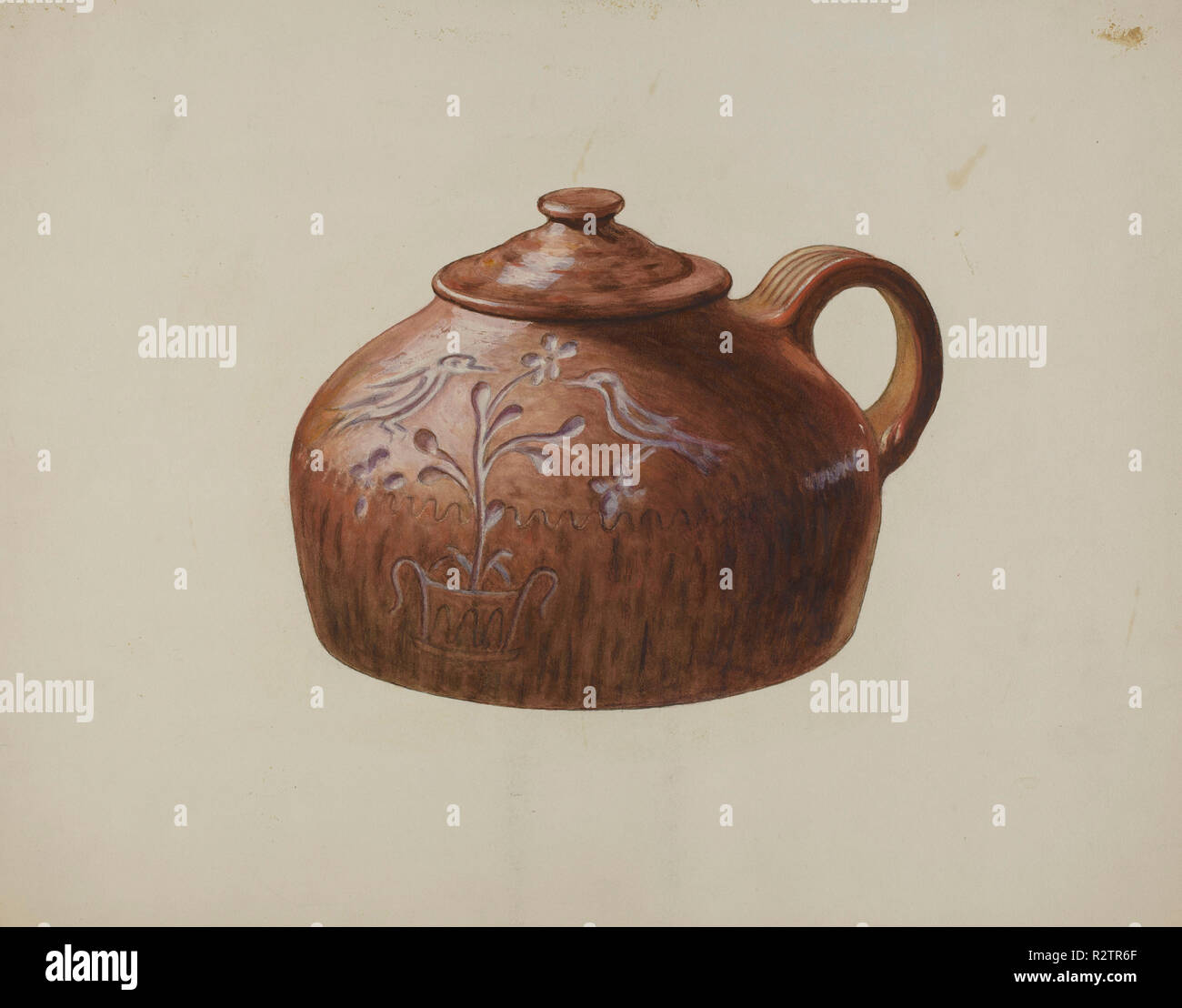 Pa. German Bean Pot with Lid. Dated: c. 1941. Dimensions: overall: 32.7 x 41.5 cm (12 7/8 x 16 5/16 in.)  Original IAD Object: 5 3/4' high; 8' in diameter. Medium: watercolor and graphite on paper. Museum: National Gallery of Art, Washington DC. Author: Henrietta S. Bukill. Stock Photo