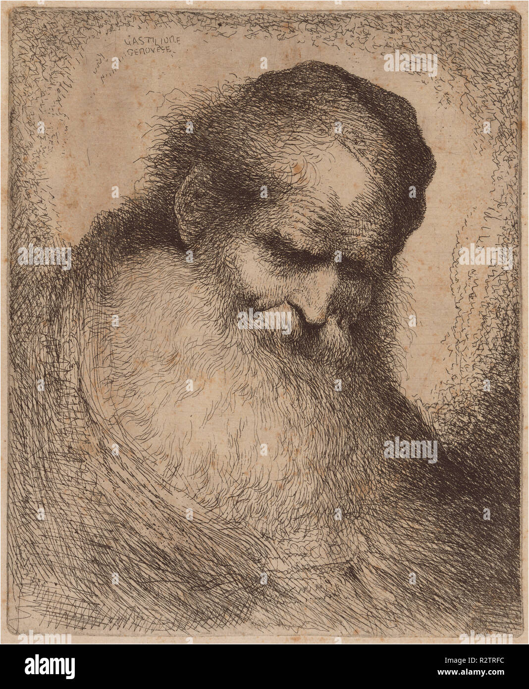 Old Man with a Long Beard and Skullcap, Leaning Forward. Dated: c. 1645/1647. Dimensions: sheet: 31.75 × 22.86 cm (12 1/2 × 9 in.)  plate: 18.42 × 13.34 cm (7 1/4 × 5 1/4 in.). Medium: etching on laid paper. Museum: National Gallery of Art, Washington DC. Author: Giovanni Benedetto Castiglione. Giovanni Benedetto Castiglione (Il Grechetto). Stock Photo