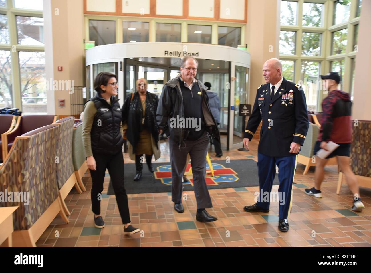 Col. David Hamilton, the Womack Army Medical Center deputy commander, greets the Vice President of Human Resources Ron Tomaszewski in the Womack lobby to prepare to serve a Thanksgiving meal Soldiers Civilians and their family members November 14. Stock Photo