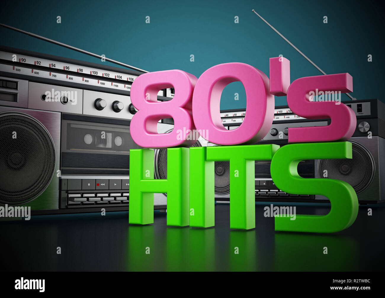 Vintage cassette player and 80's hits text. 3D illustration Stock Photo -  Alamy