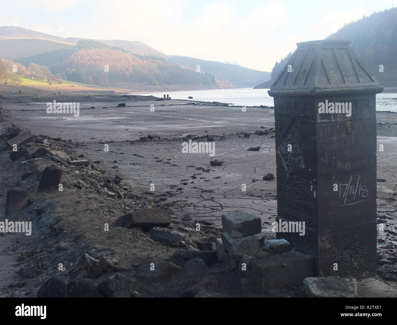 The exposed ruins of the demolished Derwent Hall normally on bed of Ladybower Reservoir, exposed by low water levels following 2018 heatwave Stock Photo