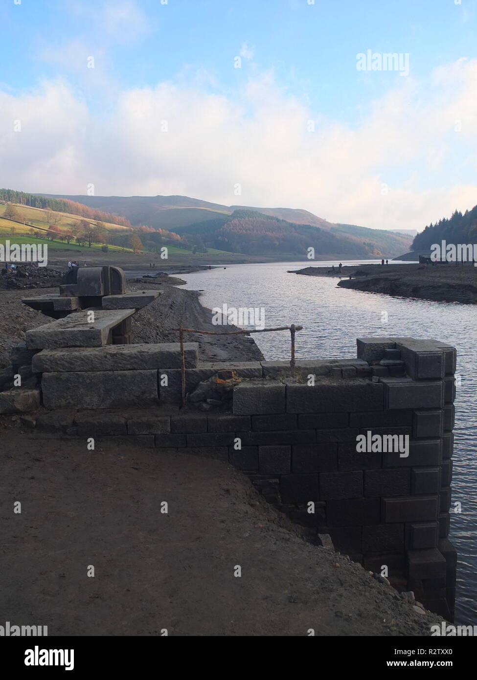 The exposed ruins of the demolished Derwent Hall normally on bed of Ladybower Reservoir, revealed by low water following 2018 heatwave Stock Photo