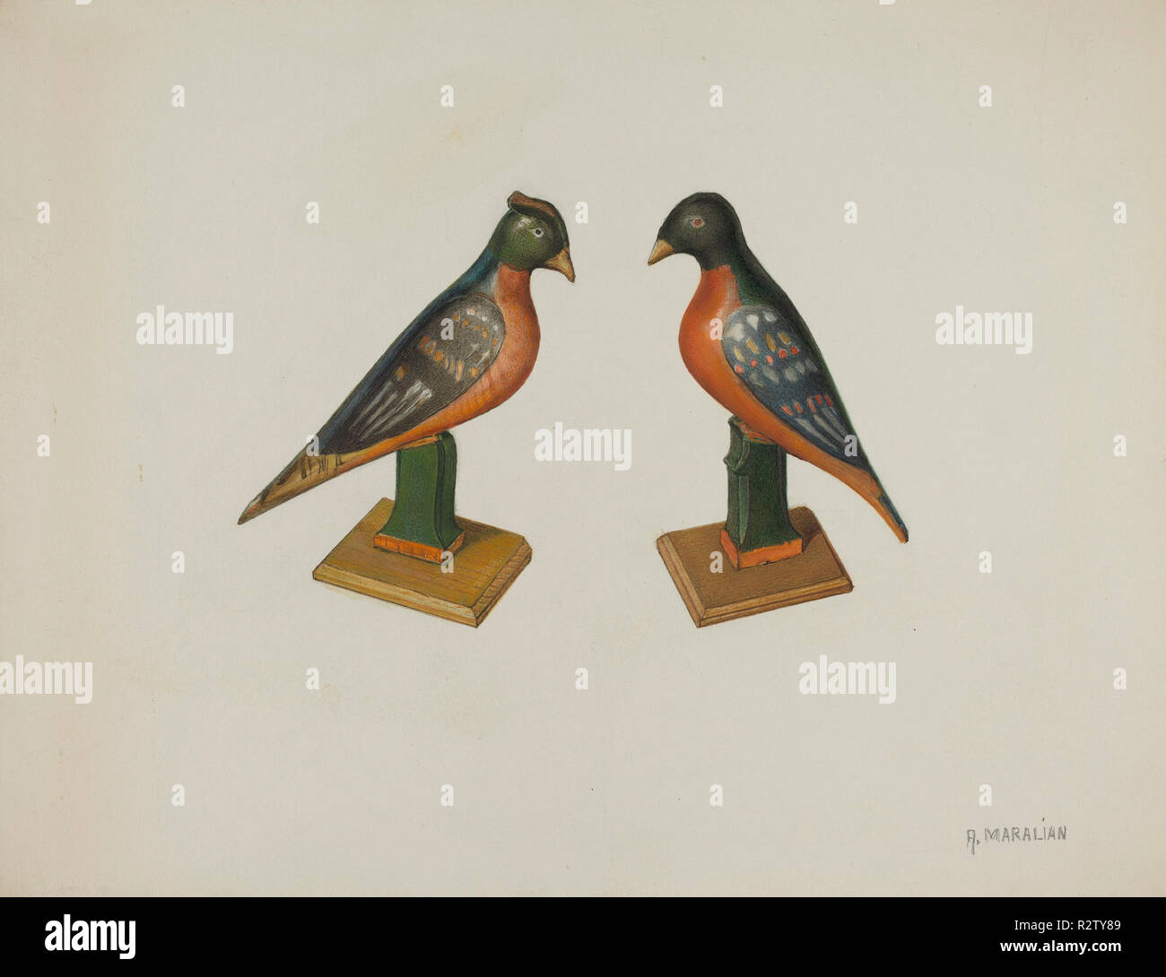 Pa. German Toy Birds. Dated: c. 1939. Dimensions: overall: 23.2 x 30.1 cm (9 1/8 x 11 7/8 in.)  Original IAD Object: 3 5/8' high. Medium: watercolor, graphite, and gouache on paperboard. Museum: National Gallery of Art, Washington DC. Author: Arsen Maralian. Stock Photo