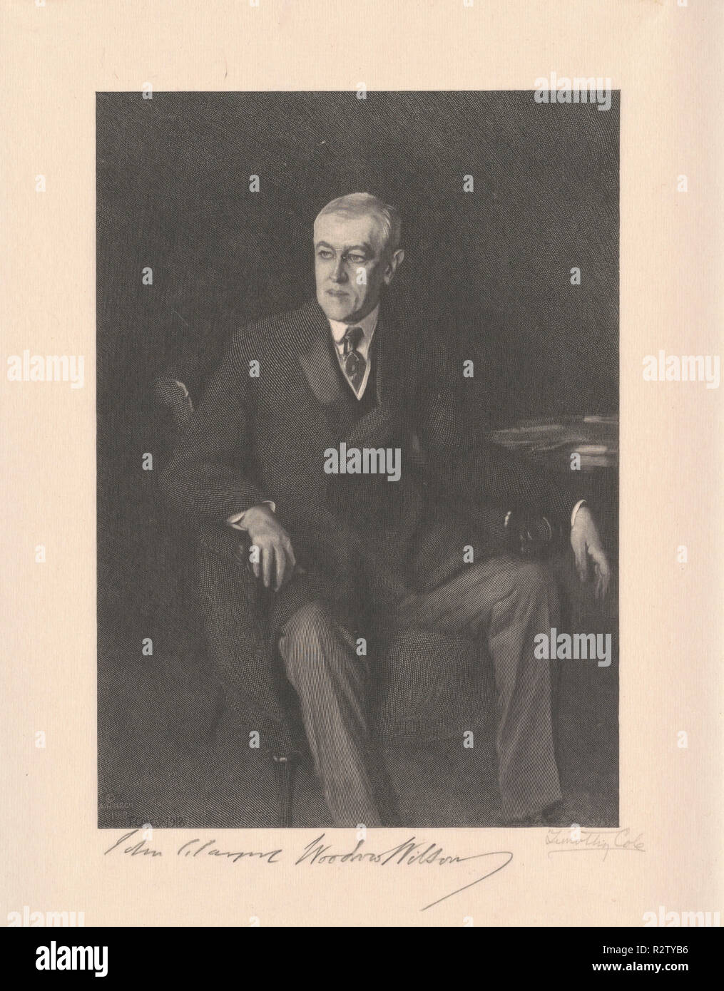 Woodrow Wilson. Dated: 1918. Dimensions: image: 25.08 × 17.78 cm (9 7/8 × 7 in.)  sheet: 34.93 × 31.12 cm (13 3/4 × 12 1/4 in.). Medium: wood engraving in black on wove paper. Museum: National Gallery of Art, Washington DC. Author: Timothy Cole, after John Singer Sargent. Timothy Cole after John Singer Sargent. Stock Photo