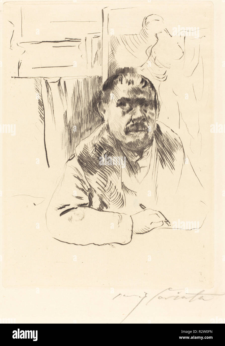 Self-Portrait in a Fur Coat (Selbstbildnis im Pelz). Dated: 1913. Dimensions: plate: 21.7 x 16 cm (8 9/16 x 6 5/16 in.)  sheet: 41.9 x 27.1 cm (16 1/2 x 10 11/16 in.). Medium: drypoint in black on laid paper. Museum: National Gallery of Art, Washington DC. Author: Lovis Corinth. Stock Photo