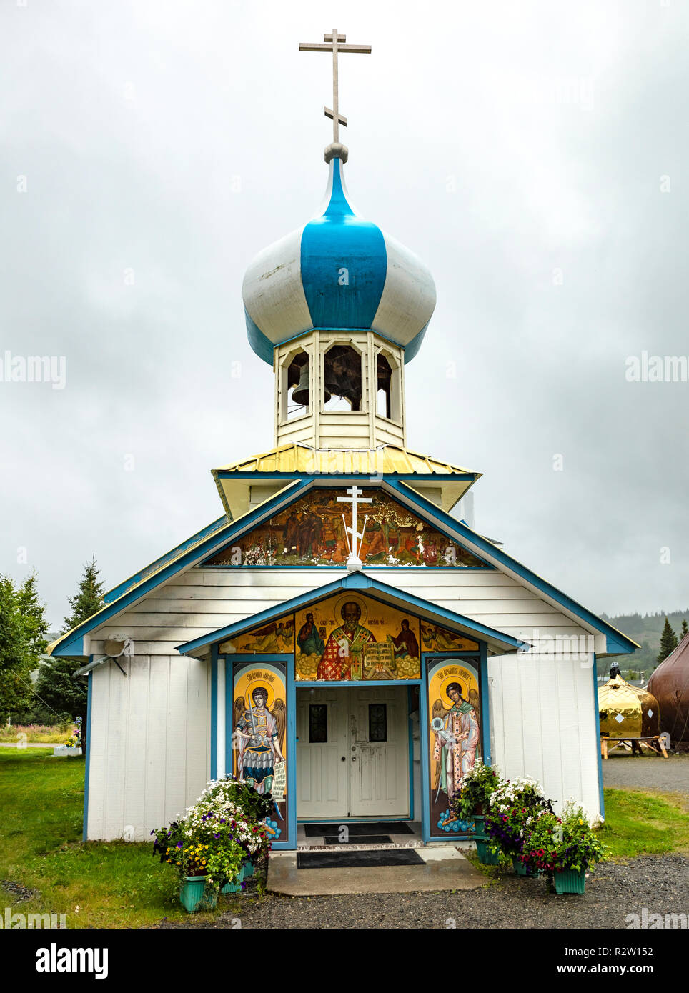 Nicholaevsk, AK - Aug 23, 2018: A view of the Church of St Nicholas, a Russian Orthodox Church in Nikolaevsk on Kenai Peninsula in Alaska, USA Stock Photo