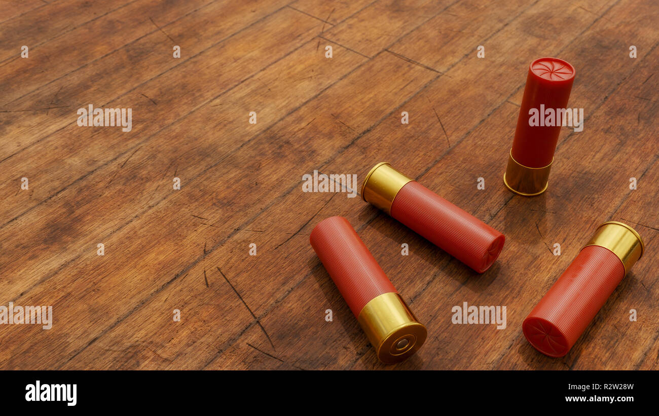 Several shotgun shells on rustic wooden background. 3D Illustration Stock Photo