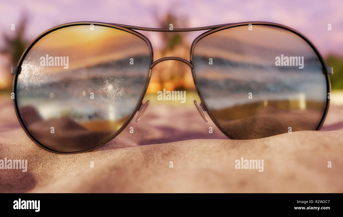 Subglasses partially buriend on sandy beach during sunrise/sunset. 3D Illustration Stock Photo