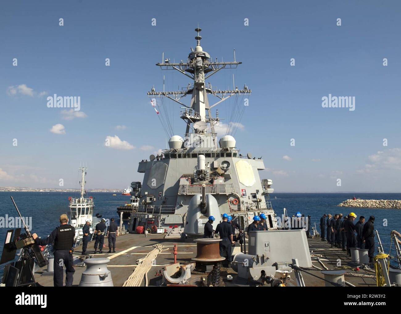 LARNACA, Cyprus (Nov. 9, 2018) The Arleigh Burke-class guided-missile destroyer USS Arleigh Burke (DDG 51) arrives at Larnaca, Cyprus for a scheduled port visit Nov. 9, 2018. Arleigh Burke, homeported at Naval Station Norfolk, is conducting naval operations in the U.S. 6th Fleet area of operations in support of U.S. national security interests in Europe and Africa. Stock Photo
