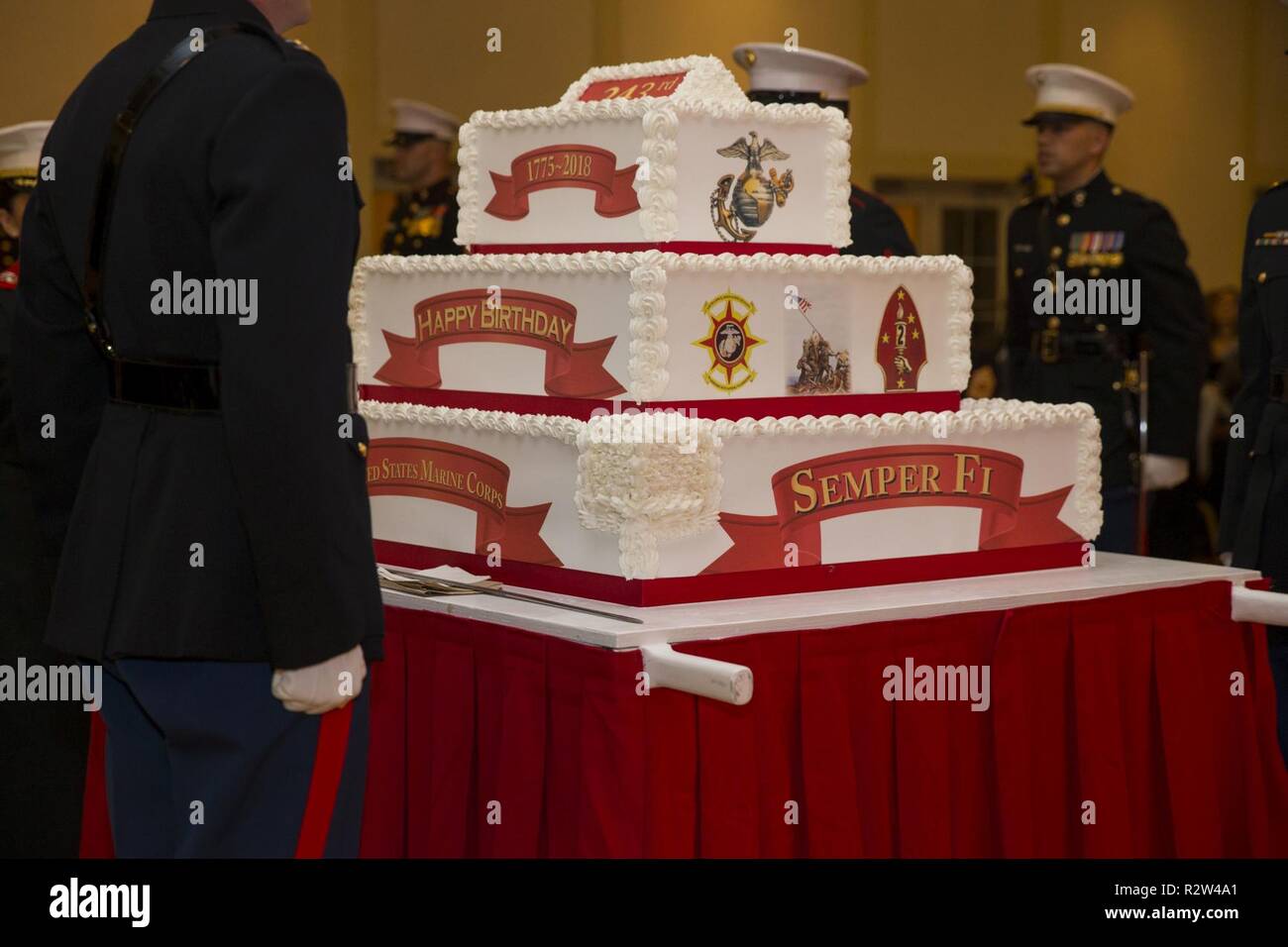 The traditional cake used to celebrate the creation of the Marine Corps.  This one was used in the ceremony at the California Veterans Home Barstow  Nov. 4 Stock Photo - Alamy